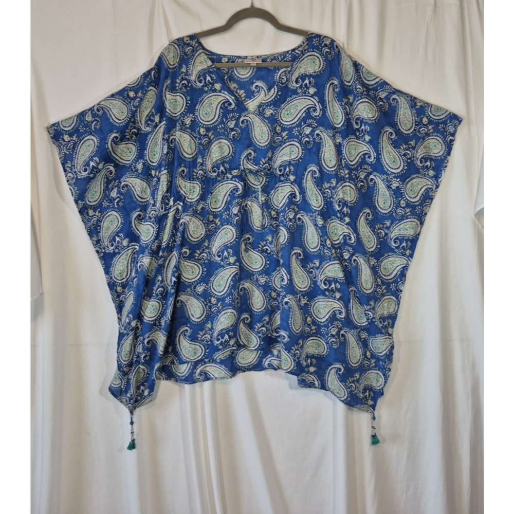 Anthro Anokhi Blue Paisley Block Print Cotton Caftan Dress XS S M Free Size New